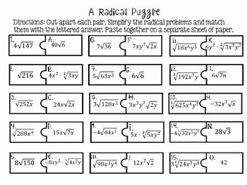 Operations with Radicals Worksheet Best Of Simplifying Radicals Puzzle Activity by Fun with Algebra