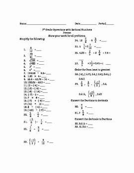 Operations with Rational Numbers Worksheet Awesome 7th Grade Operations with Rational Numbers Pretest Test by