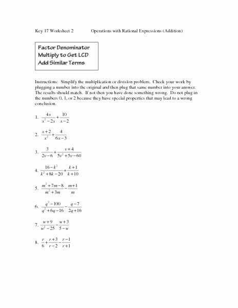 Operations with Rational Numbers Worksheet Elegant Operations with Rational Expressions Worksheet for 9th