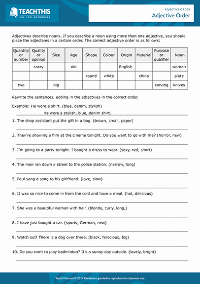Order Of Adjectives Worksheet Awesome Adjective order Esl Games Activities Worksheets