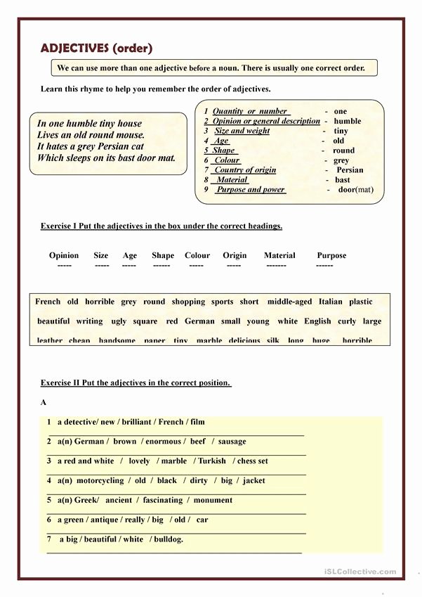 Order Of Adjectives Worksheet Beautiful order Of Adjectives Worksheet Free Esl Printable