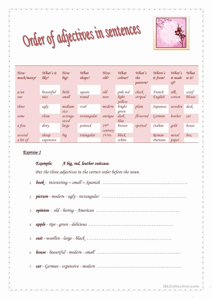 Order Of Adjectives Worksheet Beautiful order Of Adjectives Worksheet Free Esl Printable