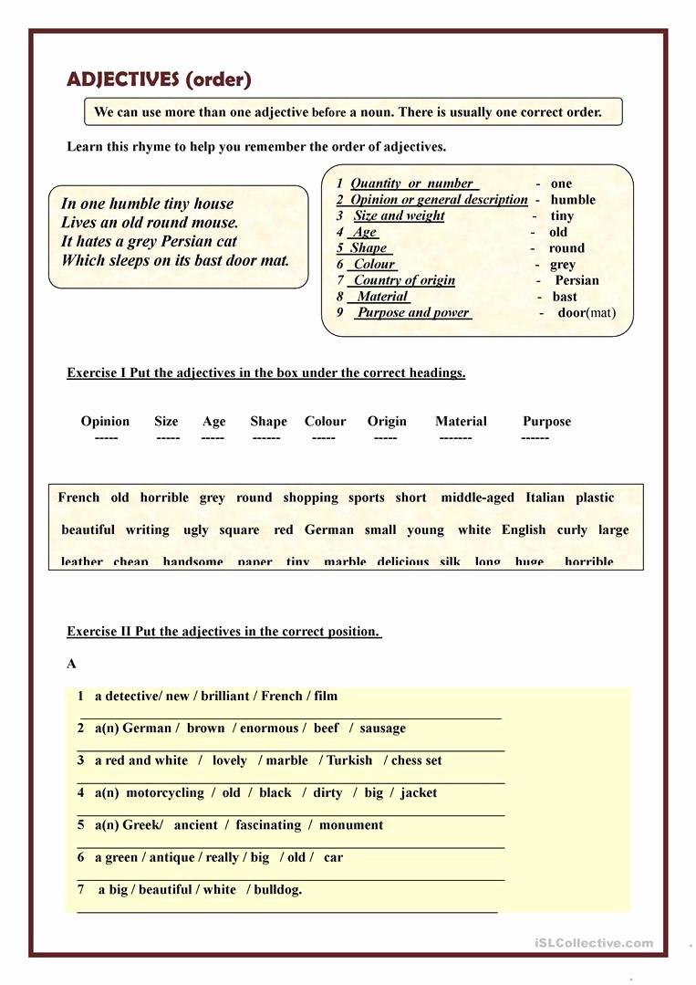 Order Of Adjectives Worksheet Best Of order Of Adjectives Worksheet Free Esl Printable