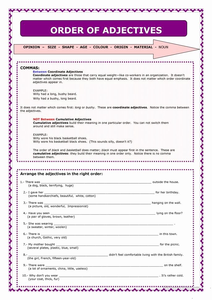 Order Of Adjectives Worksheet Elegant Word order Of Adjectives Worksheet Free Esl Printable