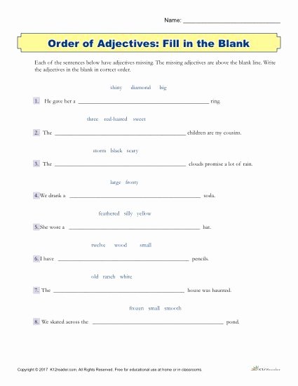Order Of Adjectives Worksheet Inspirational Fill In the Blank