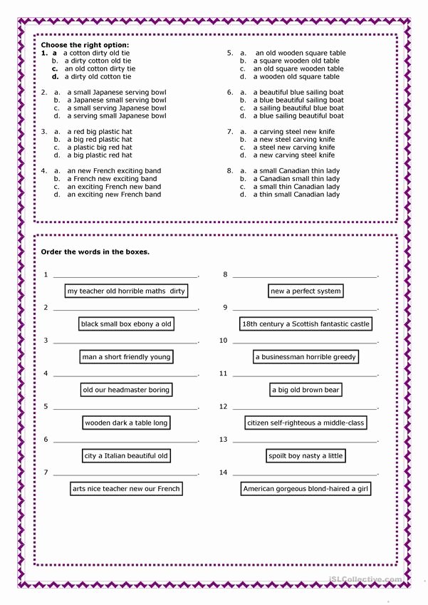 Order Of Adjectives Worksheet Inspirational Word order Of Adjectives Worksheet Free Esl Printable