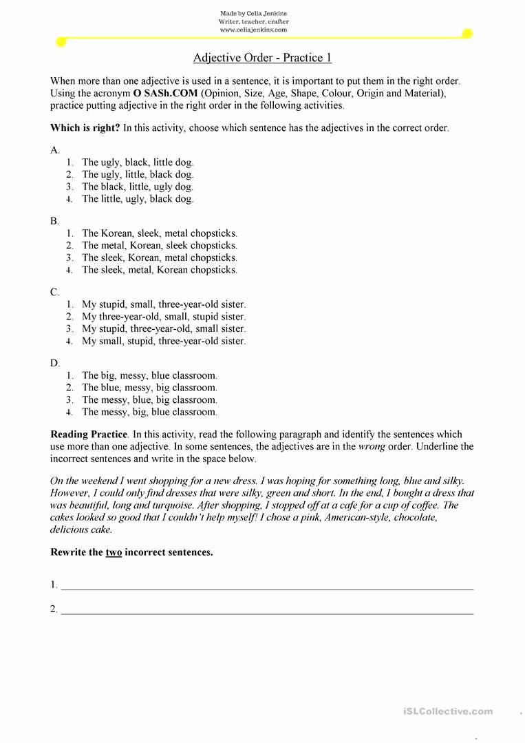 Order Of Adjectives Worksheet New Adjective order Practice 1 English Esl Worksheets