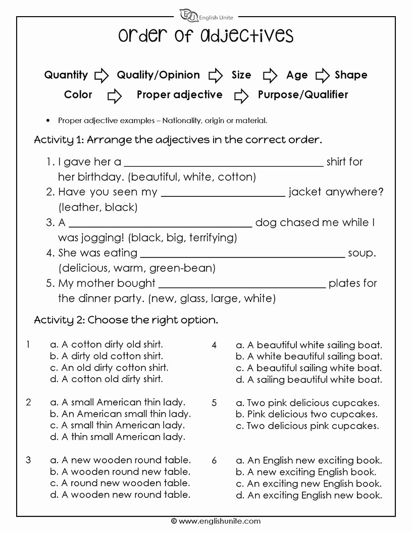 Order Of Adjectives Worksheet New the order Of Adjectives Worksheet English Unite