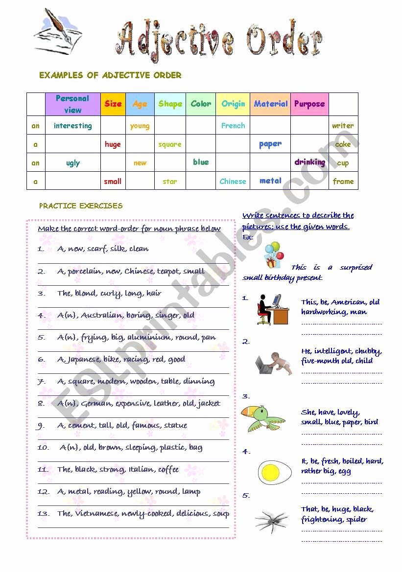 50 Order Of Adjectives Worksheet Chessmuseum Template Library