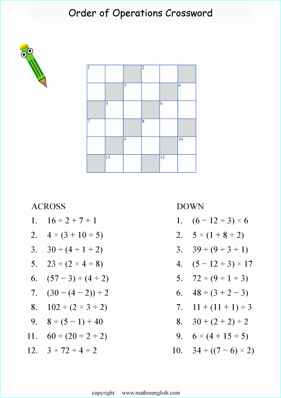Order Of Operations Puzzle Worksheet Beautiful 3 Terms order Of Operations Crossword Puzzle