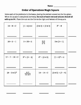 Order Of Operations Puzzle Worksheet Fresh order Of Operations Magic Square by Melissa Dunton