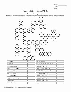 Order Of Operations Puzzle Worksheet Lovely Fill In Pre Algebra Puzzles by Susan Mercer