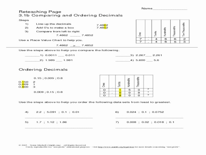 Ordering Fractions and Decimals Worksheet Awesome ordering Decimals Worksheet