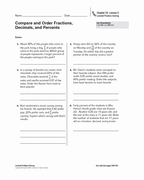Ordering Fractions and Decimals Worksheet Beautiful Pare and order Fractions Decimals and Percents
