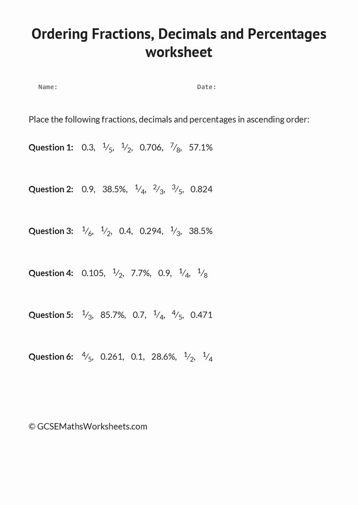 Ordering Fractions and Decimals Worksheet Luxury ordering Fractions Decimals and Percentages Worksheet