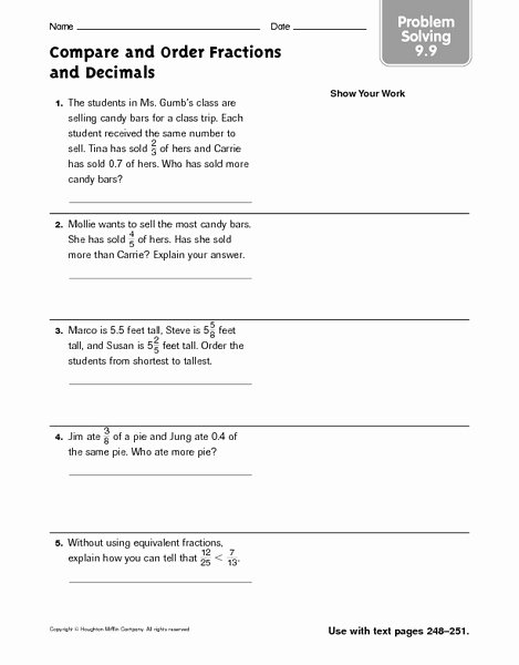 Ordering Fractions and Decimals Worksheet New Pare and order Fractions and Decimals Problem solving