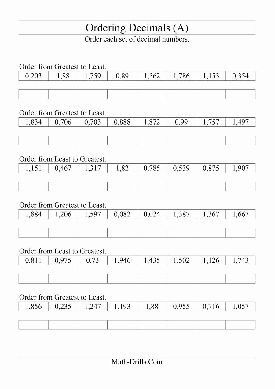 Ordering Fractions and Decimals Worksheet New sorting ordering Decimals to Thousandths A