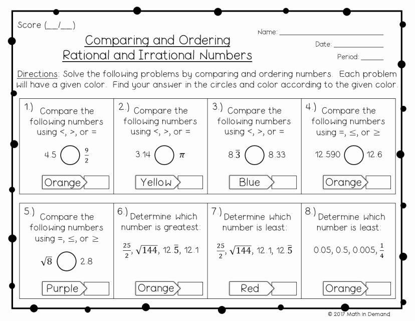 Ordering Rational Numbers Worksheet Inspirational Paring and ordering Rationals &amp; Irrationals Coloring