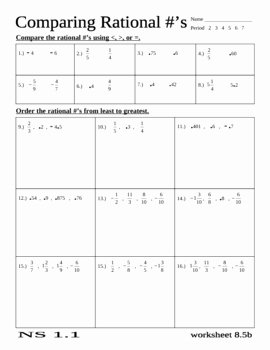Ordering Rational Numbers Worksheet New Paring Rational Numbers Worksheet by Stone