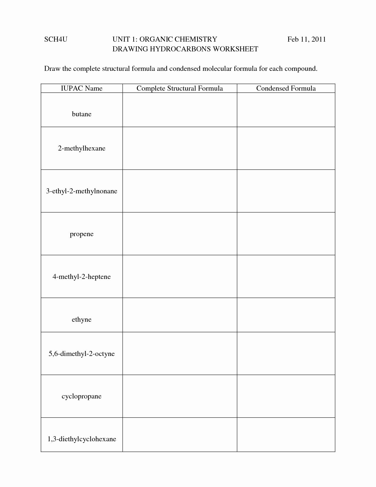 Organic Chemistry Worksheet with Answers Awesome Hydrocarbon Nomenclature