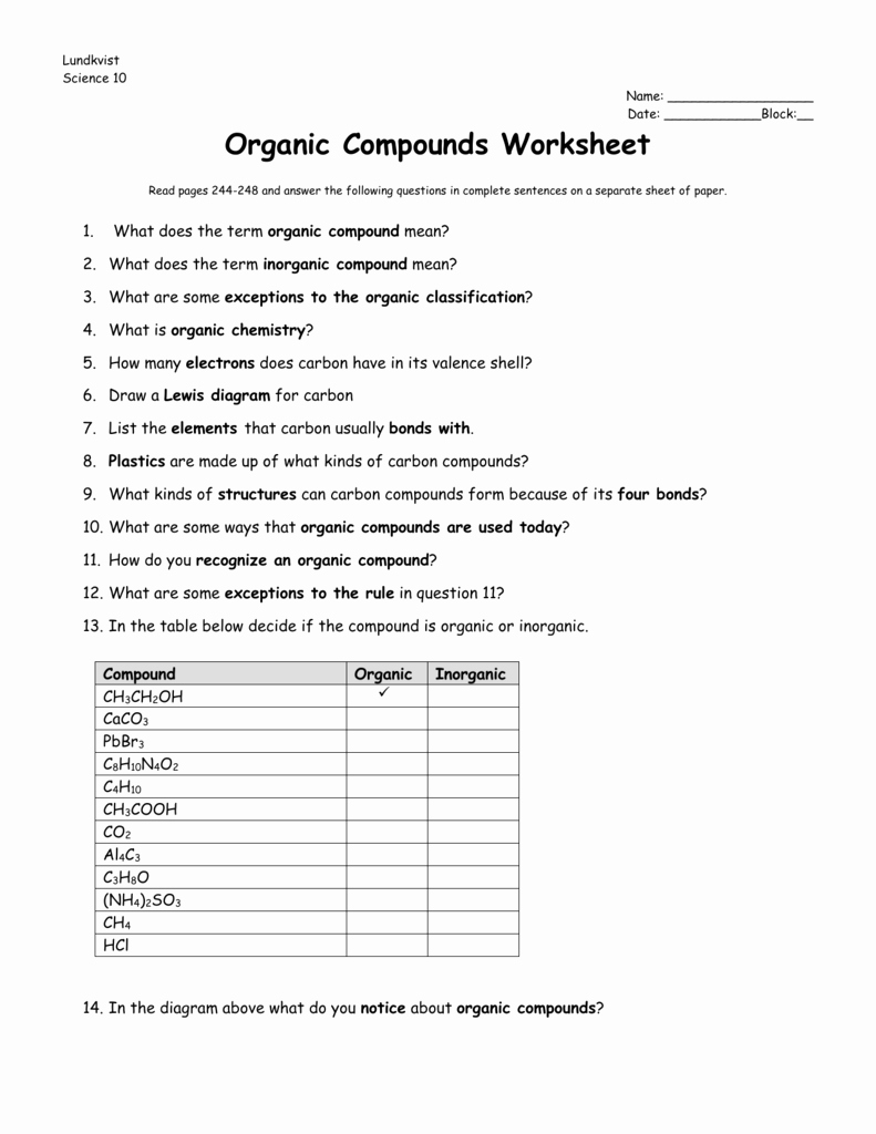 Organic Chemistry Worksheet with Answers New Worksheet organic Pounds