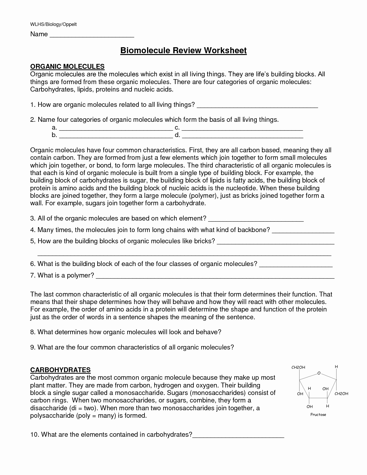 Organic Compounds Worksheet Answers Awesome 12 Best Of Biology Macromolecules Worksheets