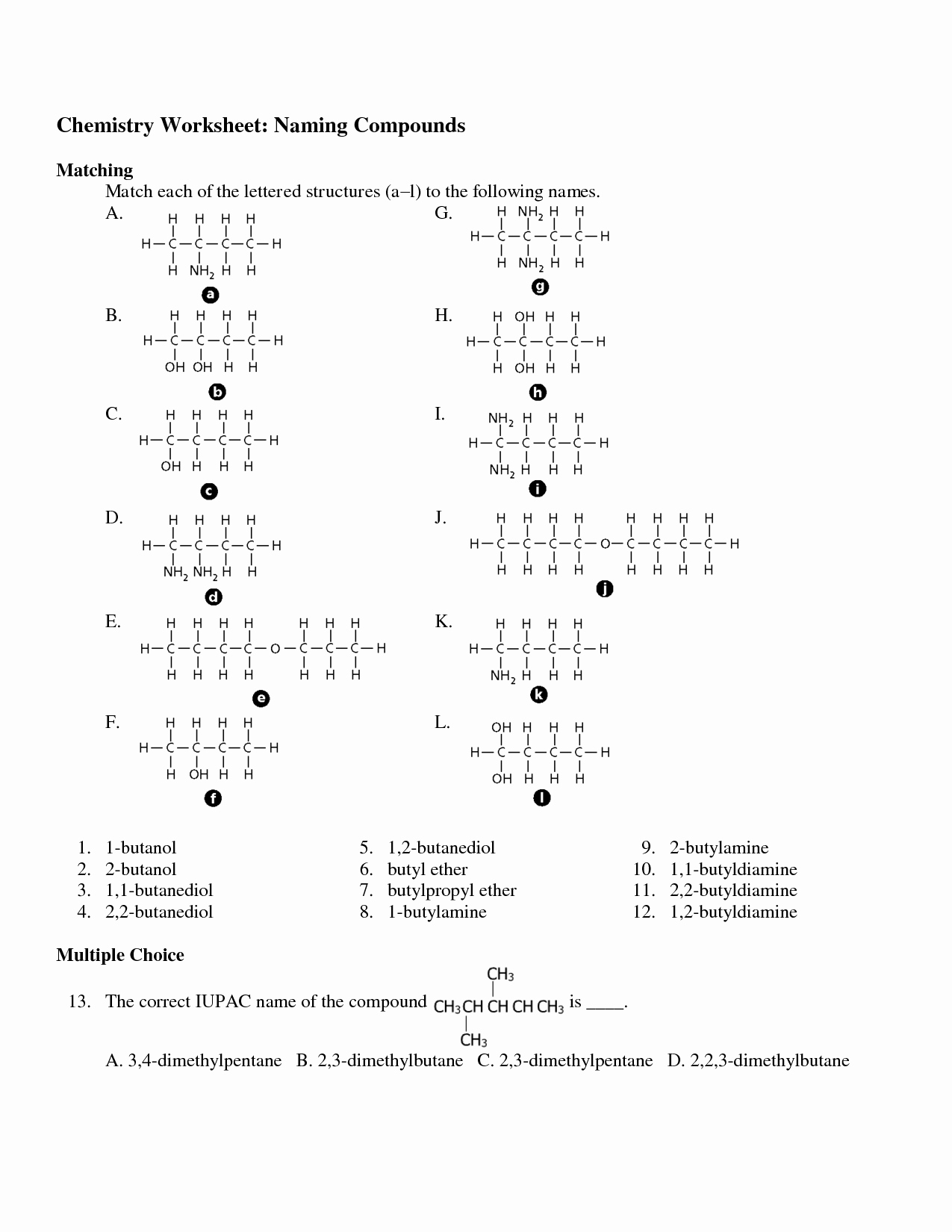 50 Organic Compounds Worksheet Answers
