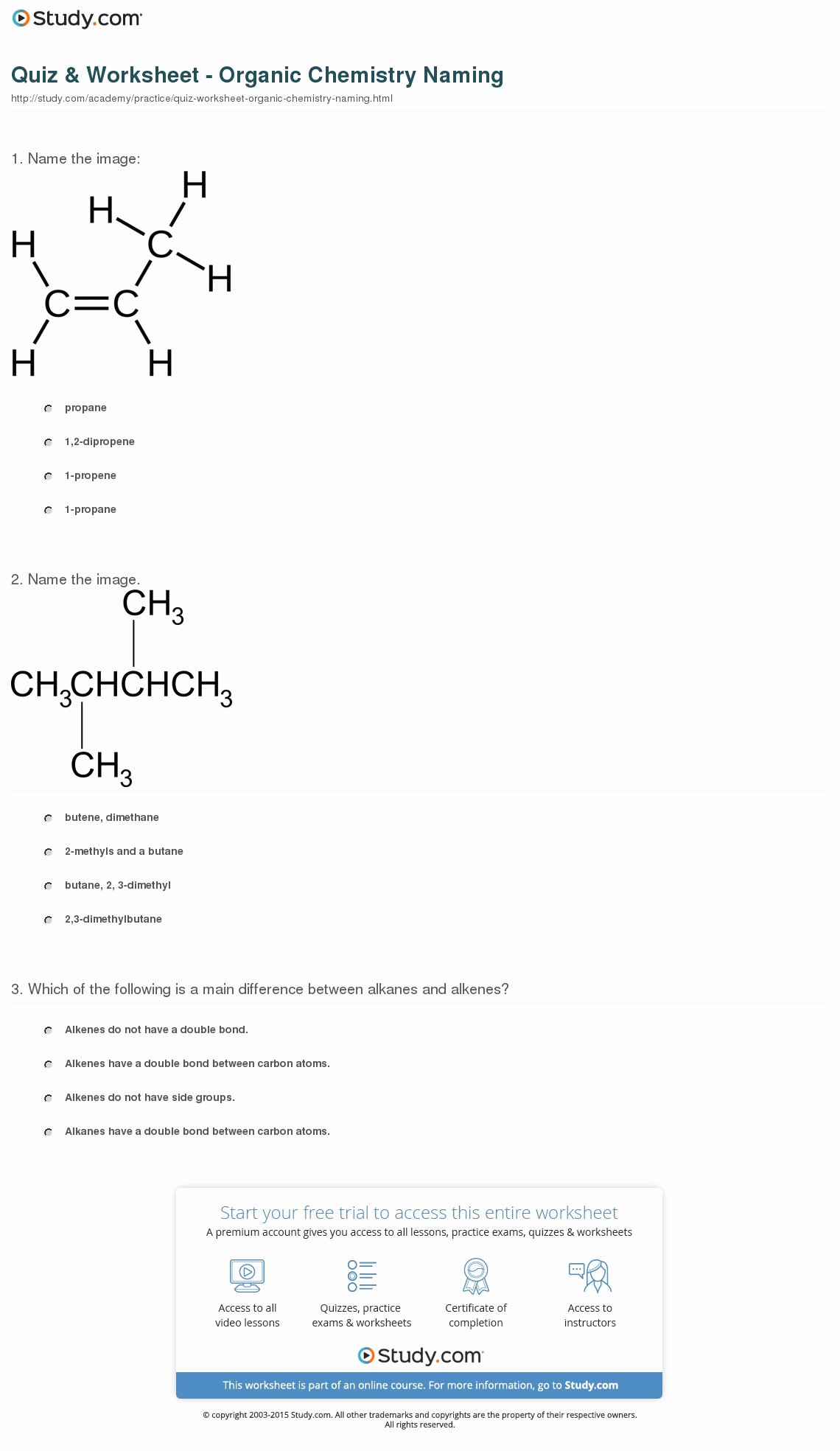 Organic Compounds Worksheet Answers New Quiz &amp; Worksheet organic Chemistry Naming