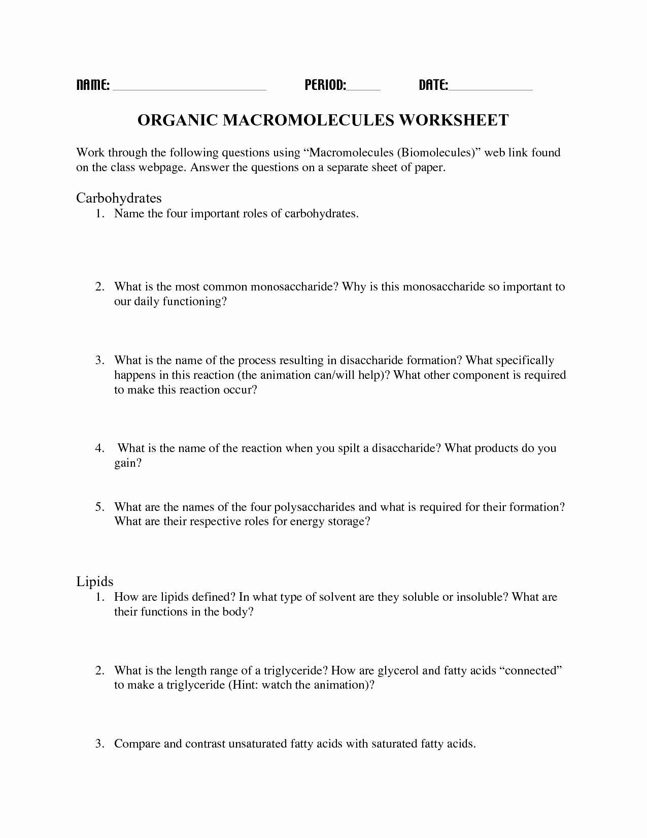Organic Molecules Worksheet Answer Key Best Of 16 Best Of Carbohydrate Worksheet and Answers