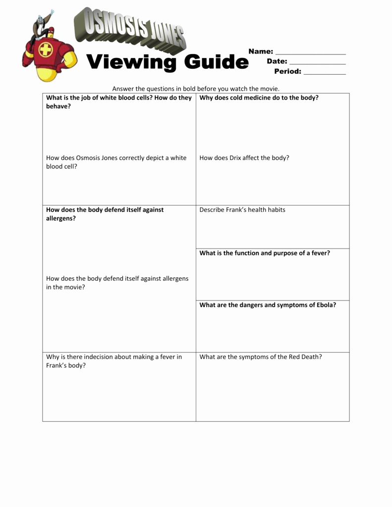 Osmosis Jones Video Worksheet Answers Awesome Osmosis Jones Viewing Guide