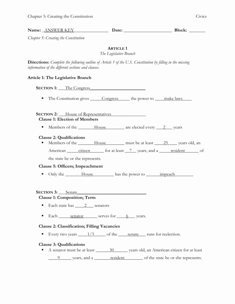 Outline Of the Constitution Worksheet Inspirational the Articles Of the Constitution Worksheets [answer Key]