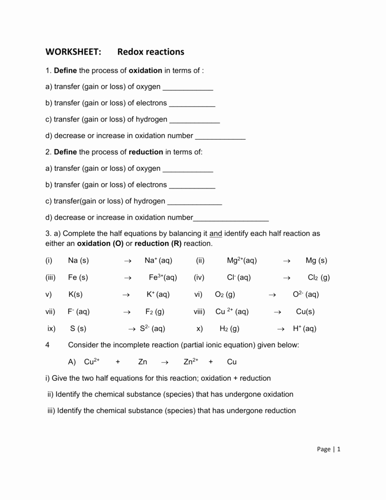 Oxidation and Reduction Worksheet Awesome Worksheet Oxidation Reduction Reactions Worksheet Grass