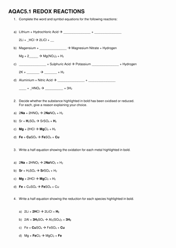 Oxidation and Reduction Worksheet Best Of Redox Reactions &amp; Half Equations by Aj1990 Teaching