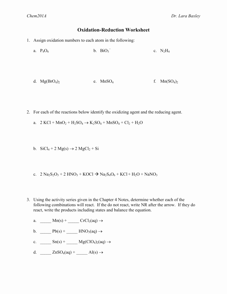 Oxidation and Reduction Worksheet Lovely Oxidation Reduction Worksheet