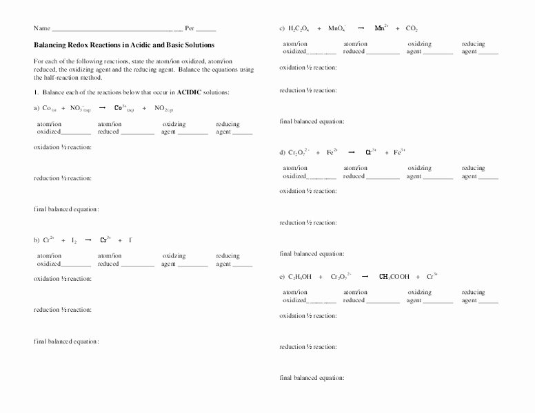 Oxidation and Reduction Worksheet New Oxidation Reduction Reactions Worksheet the Best