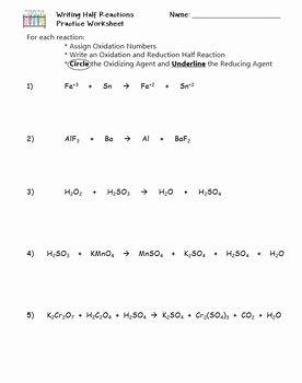 Oxidation and Reduction Worksheet Unique Redox Writing Half Reactions Practice Worksheet by the