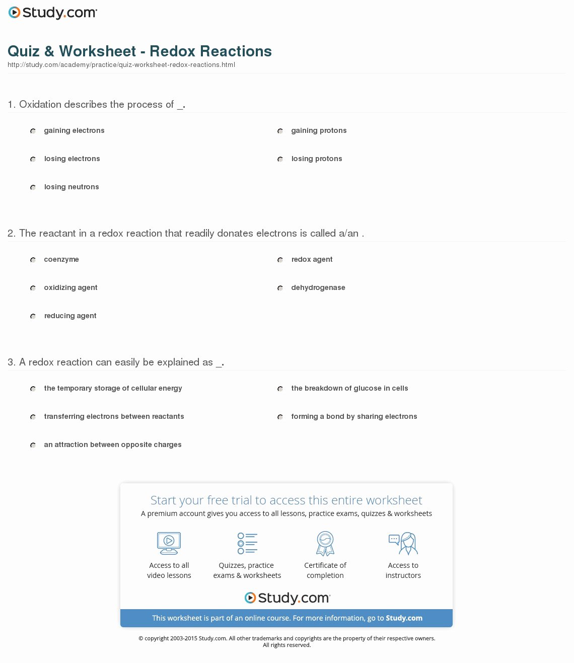 Oxidation Reduction Worksheet Answers Lovely Quiz &amp; Worksheet Redox Reactions