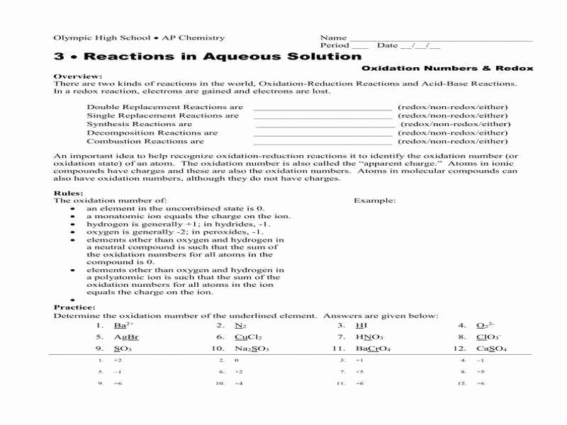 Oxidation Reduction Worksheet Answers New Oxidation Reduction Worksheet