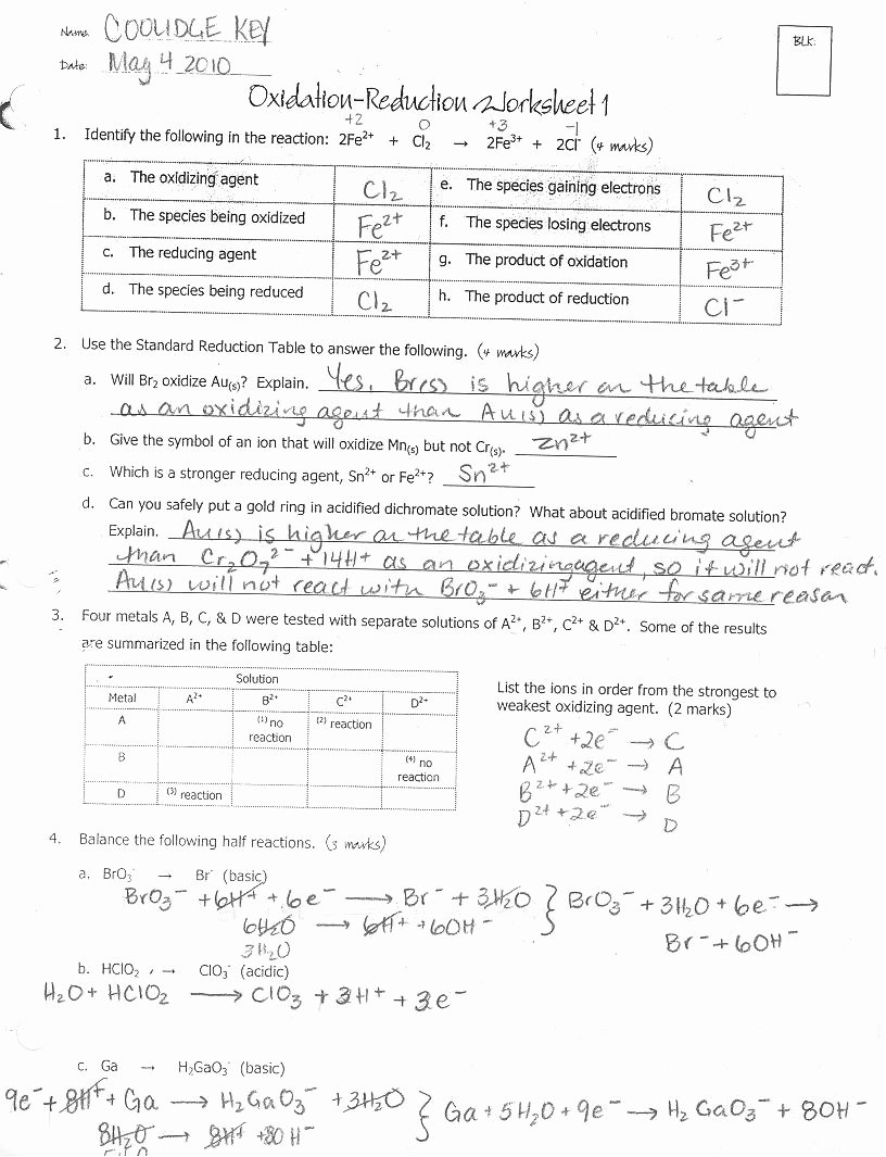 50 Oxidation Reduction Worksheet Answers