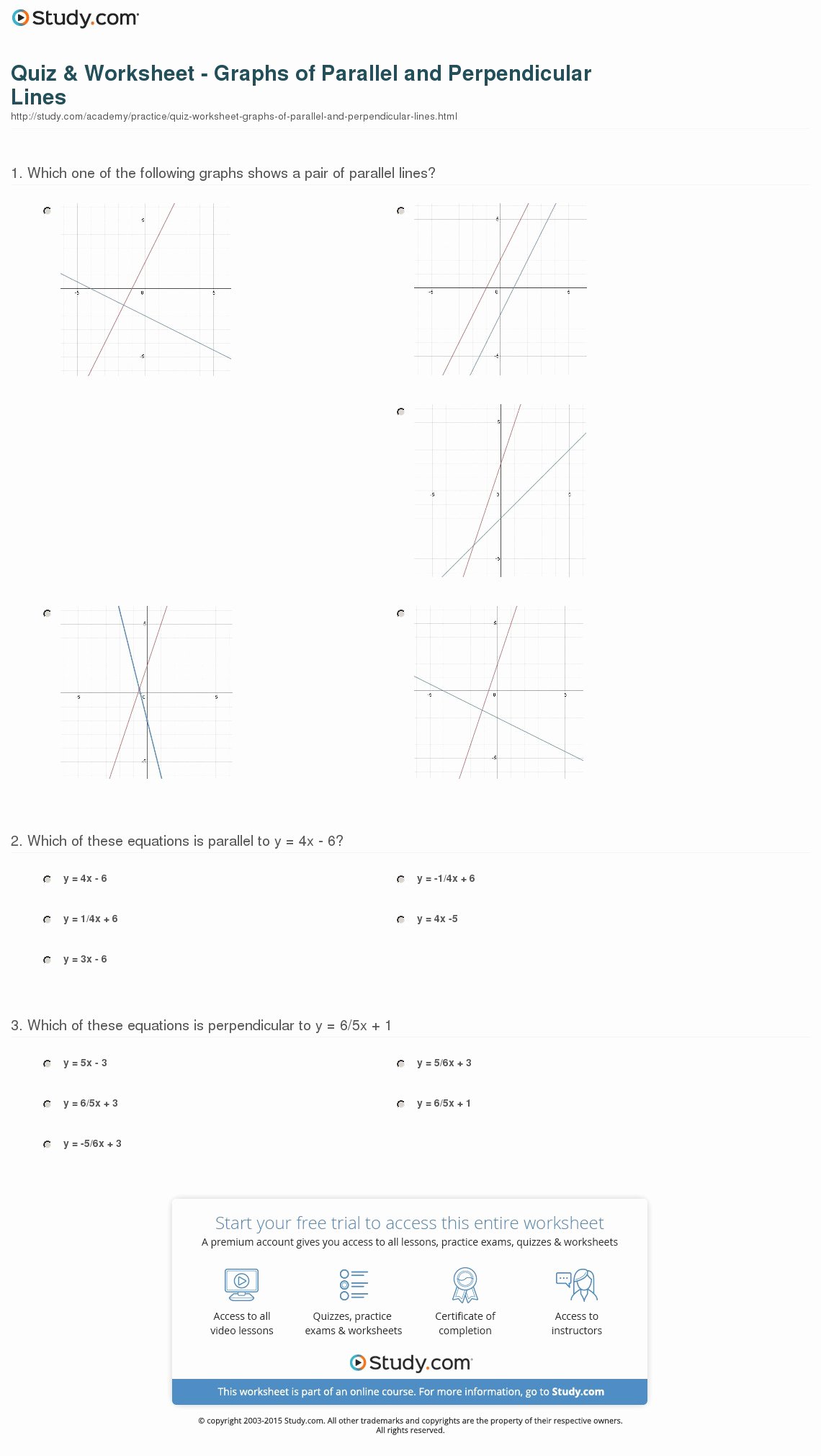quiz worksheet graphs of parallel and perpendicular lines