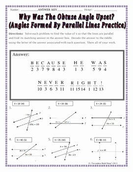 Parallel Lines and Transversals Worksheet Best Of Parallel Lines Angles formed by Parallel Lines Riddle