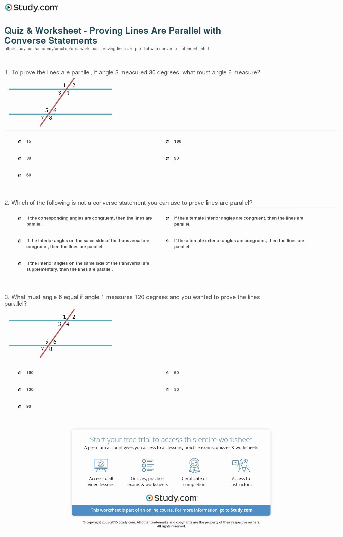 Parallel Lines Proofs Worksheet Answers Unique Quiz &amp; Worksheet Proving Lines are Parallel with