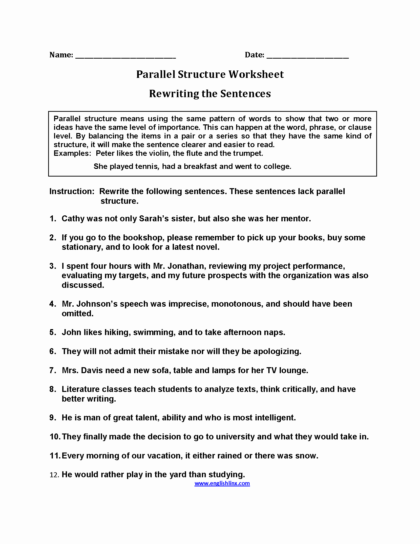 Parallel Structure Worksheet with Answers Elegant Rewriting Sentences Parallel Structure Worksheets