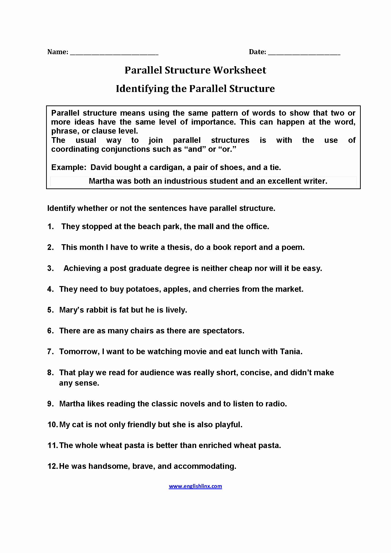 Parallel Structure Worksheet with Answers New Englishlinx