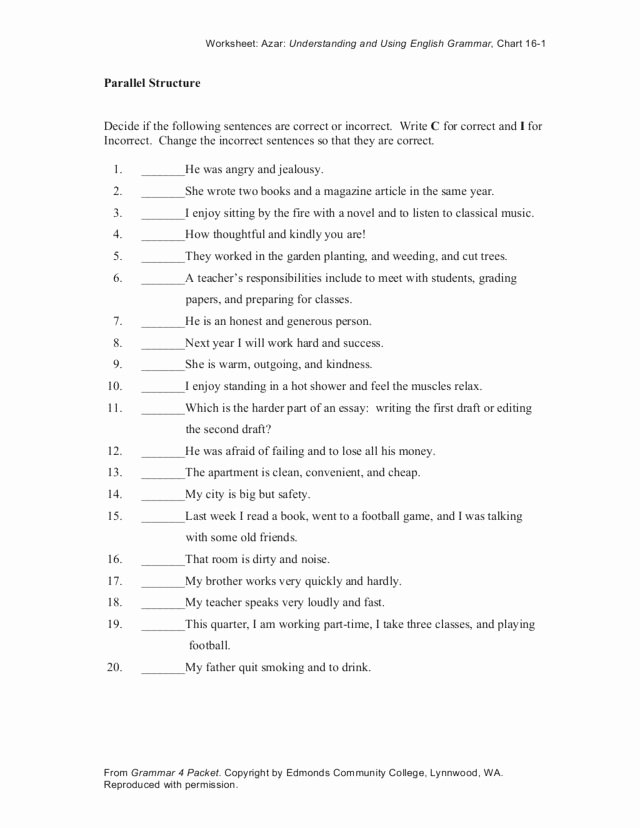 Parallel Structure Worksheet with Answers Unique Writing Parallel Structure Worksheet for 7th 9th Grade
