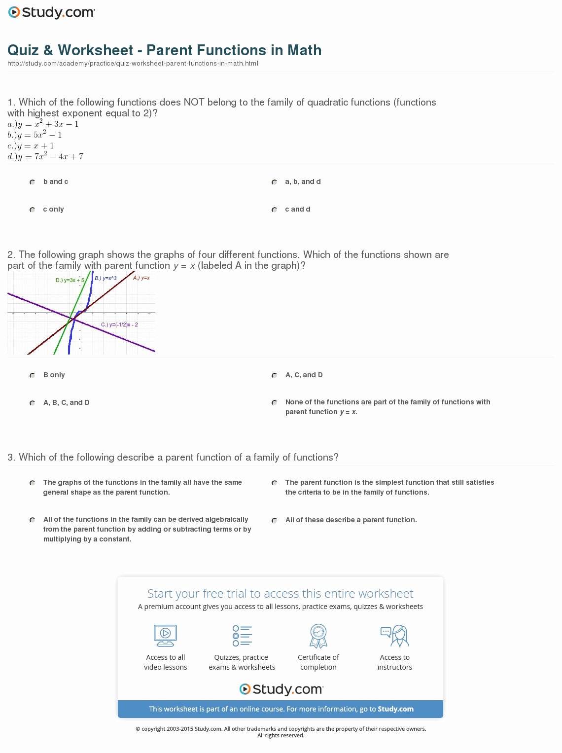 Parent Function Worksheet Answers Beautiful Quiz &amp; Worksheet Parent Functions In Math
