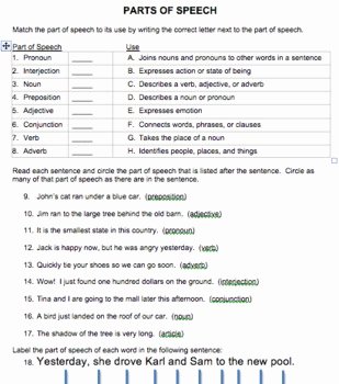 Part Of Speech Worksheet Pdf Fresh Parts Of Speech Quiz Pre and Post by Eric Jayne