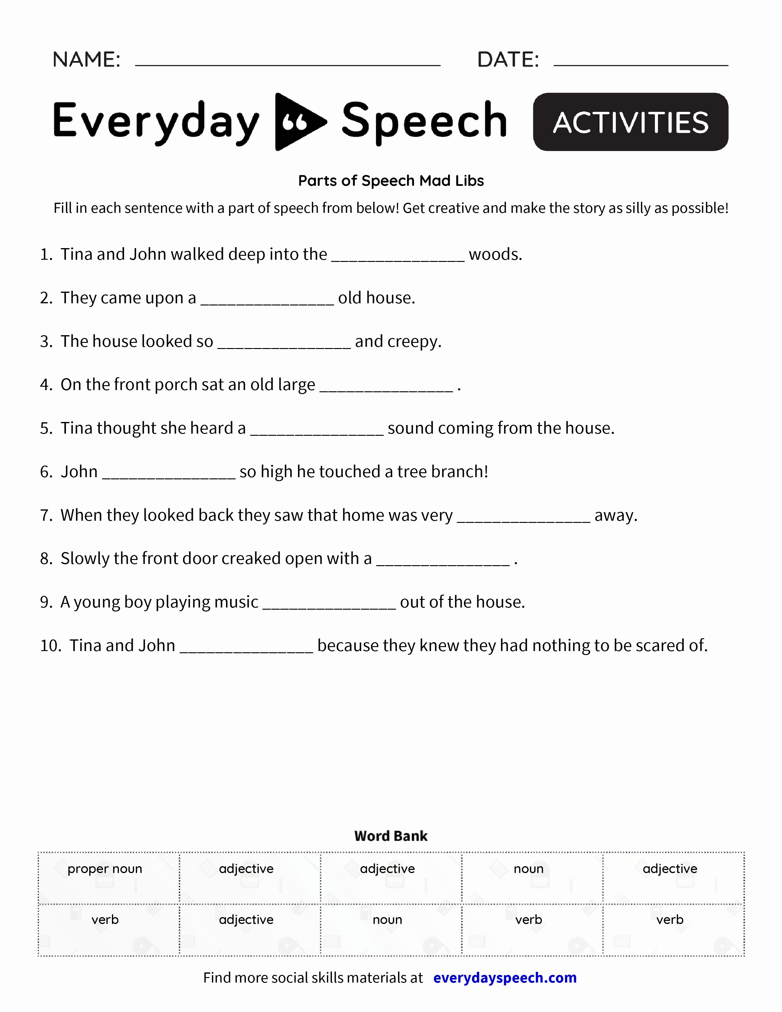 Part Of Speech Worksheet Pdf Inspirational Parts Of Speech Mad Libs Everyday Speech Everyday Speech