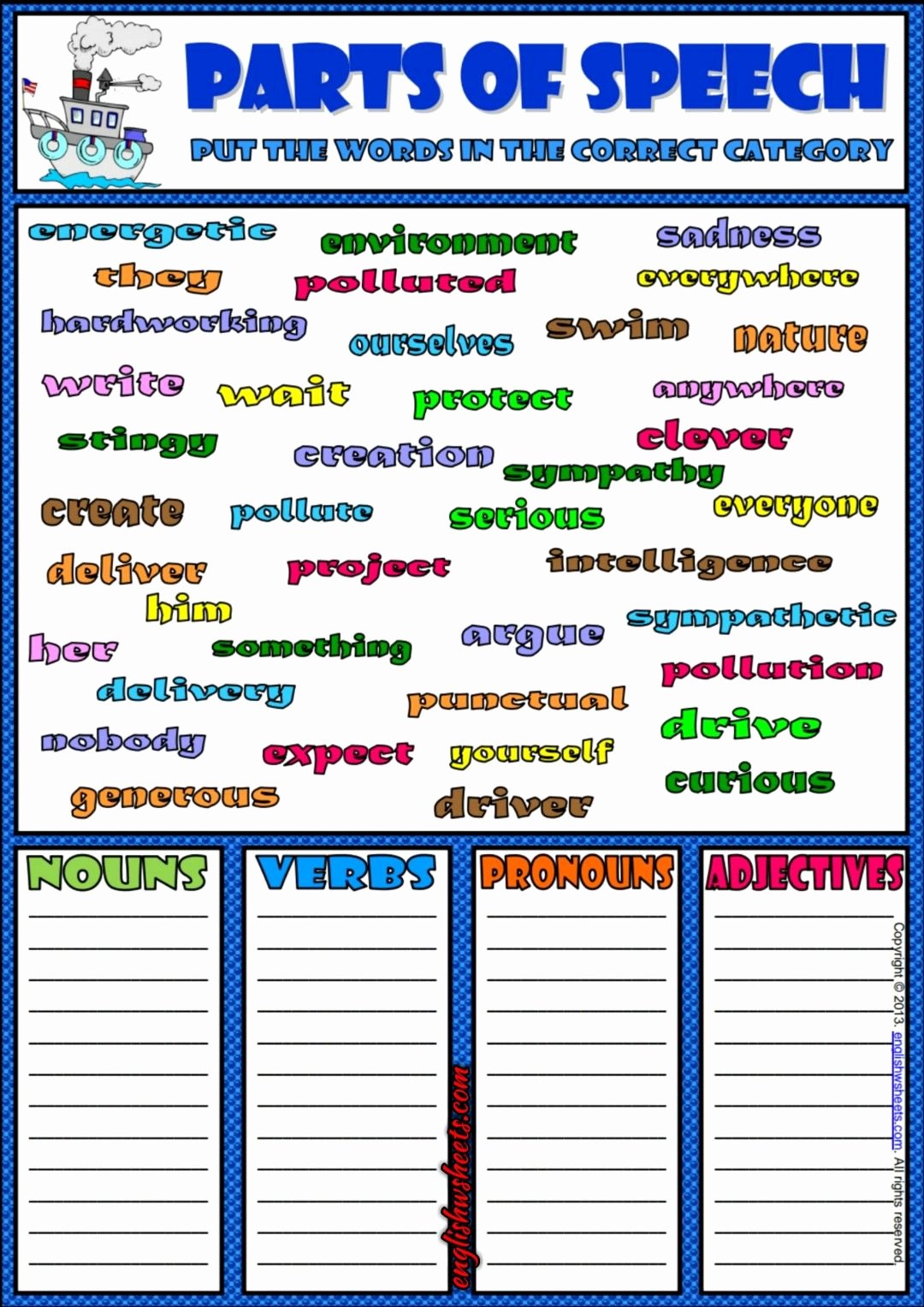 Part Of Speech Worksheet Pdf Unique Parts Speech Classifying Esl Exercise Worksheet