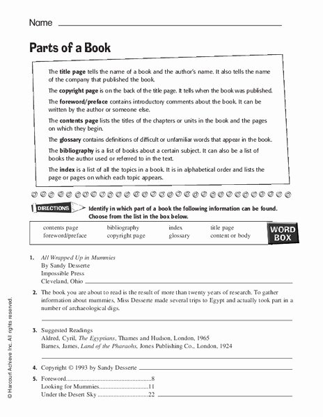 Parts Of A Book Worksheet Best Of Parts Of A Book Worksheet for 5th 8th Grade